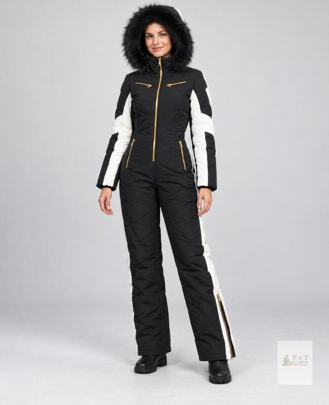new Medium Black and White One-Piece Ski Suit with Hood and Leg Zippers, Faux Fur Trim