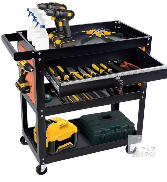 NEW READ DESC XCX XR-814176C 3-Tier Rolling Tool Cart, 660 lb Capacity, Steel, Lockable Drawer