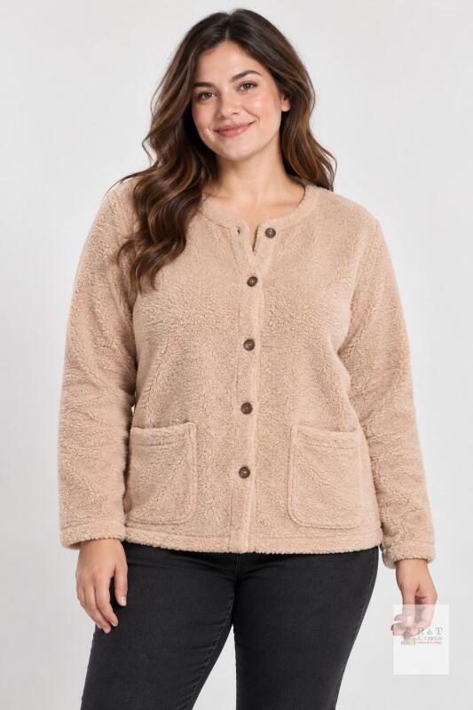 NEW Large Sherpa Fleece Cardigan Jacket, Button-Up, Light Beige, Long Sleeve, Soft Polyester