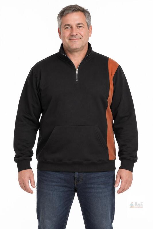 NEW 2XL Black Pullover Hoodie with Brown Sleeve Stripe, Half-Zip Collar, Kangaroo Pocket