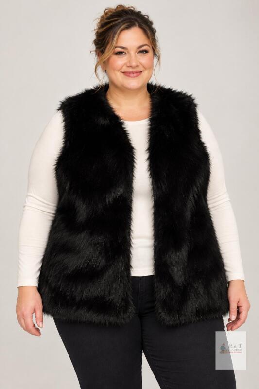 NEW Black Faux Fur Vest, Size 5XL, Sleeveless, Synthetic Material