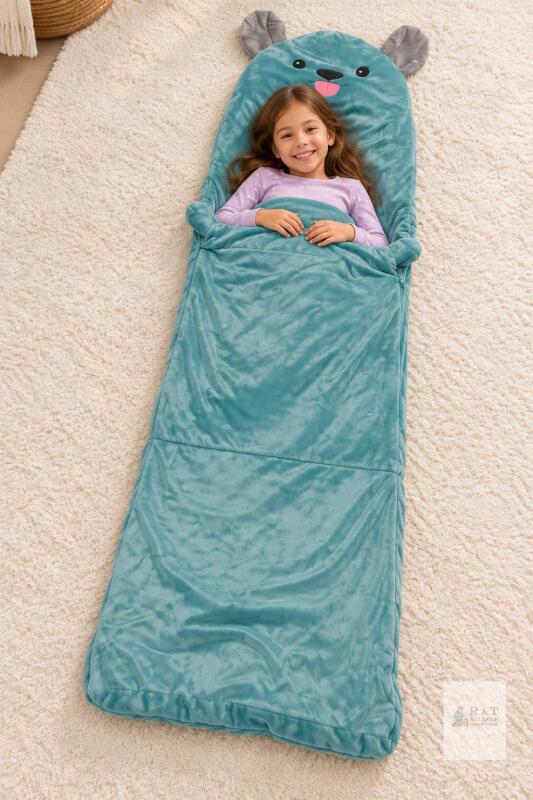 NEW Children's Teal Plush Animal Sleeping Bag with Hood, 64" x 28", Dual Zipper