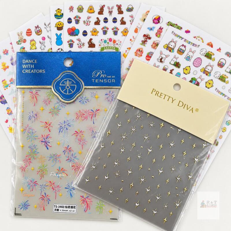 New Assorted Nail Art & Easter Sticker Sheets &ndash; Fireworks, Metallic Stars & Cute Spring Designs