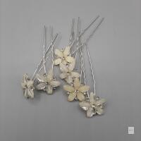 NEW Set of 6 Ivory Floral U-Shaped Hairpins with Rhinestone Centers