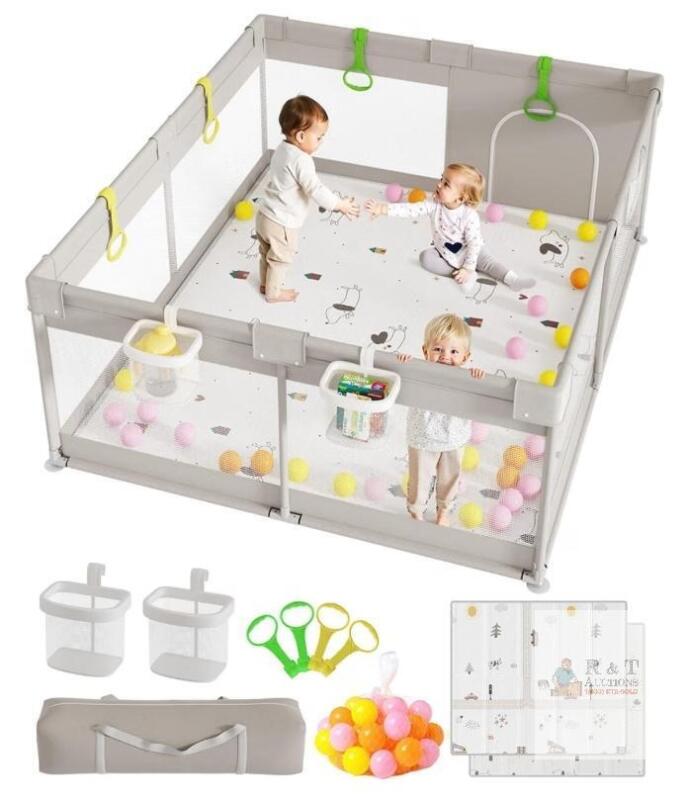 NEW Mloong 71"x59" Extra Large Baby Playpen with Mat, Balls, Storage Baskets, Carry Bag, Gray