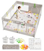 NEW Mloong 71"x59" Extra Large Baby Playpen with Mat, Balls, Storage Baskets, Carry Bag, Gray