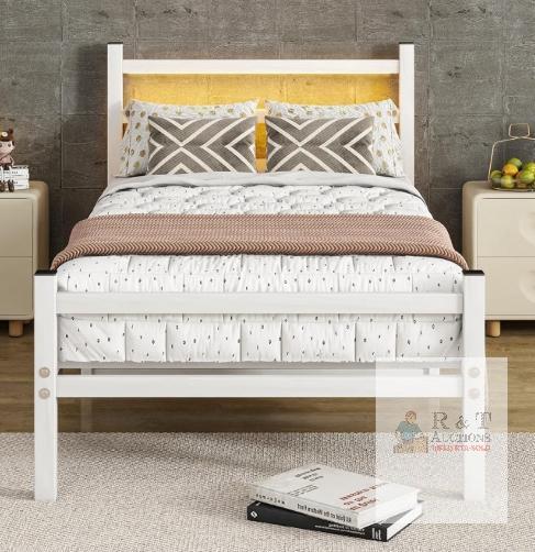 NEW Twin Metal Bed Frame with LED Headboard, Charging Station, White, 77"x39", 400 lb Capacity