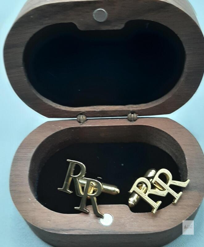 NEW "RR" Monogram Cufflinks with Wooden Presentation Box, Bullet-Back Fastening