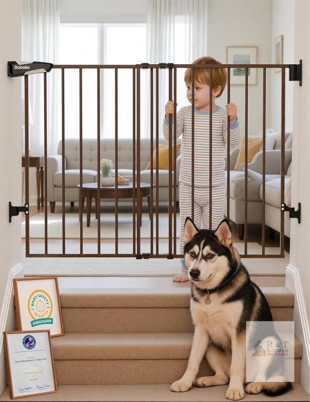 Babelio No Bottom Bar Baby Gate, 28"H x 26-43"W, Black Wood Pattern, Auto-Close, One-Handed Open