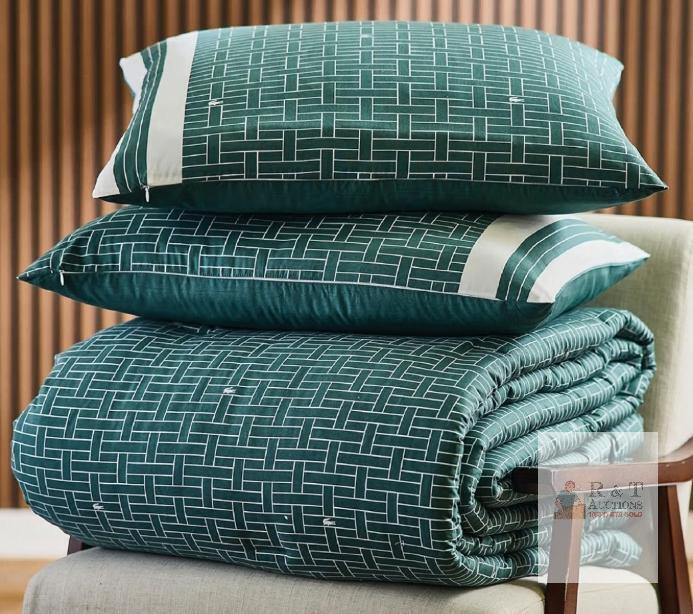 NEW Lacoste Heritage Geo Comforter Set Full/Queen Green 100% Cotton Oeko-TEX, 2 Shams Included