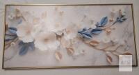 NEW Framed Floral Canvas Wall Art 47"x24", Blue & Gold Flowers, Textured Print, Brass-Tone Frame
