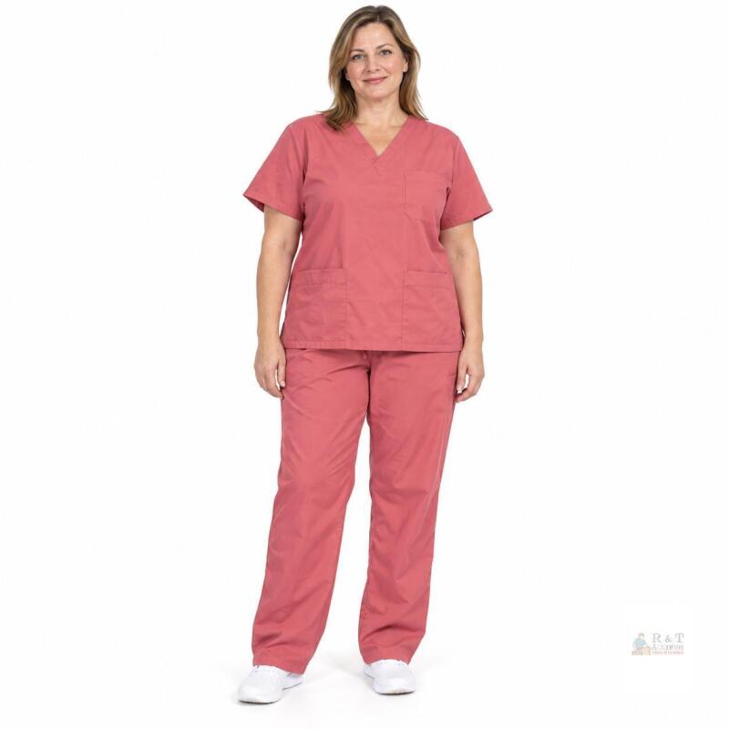 NEW NiaaHinn Medical Scrub Set, XL, Pink, 72% Polyester, 22% Rayon, 6% Spandex, 7 Pockets