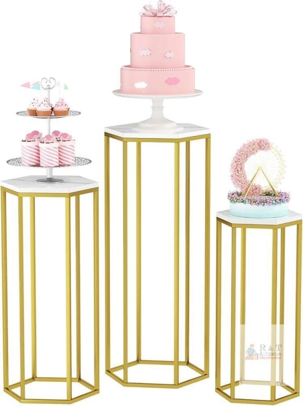 NEW Urban Deco Set of 3 Gold Hexagon Metal Pedestal Stands, Marble-Look Top, 24-35in Tall