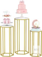 NEW Urban Deco Set of 3 Gold Hexagon Metal Pedestal Stands, Marble-Look Top, 24-35in Tall