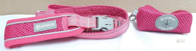 NEW Huanovix Medium Dog Collar & Leash Set with Bag Holder, Reflective Mesh, Rose Red, Size M