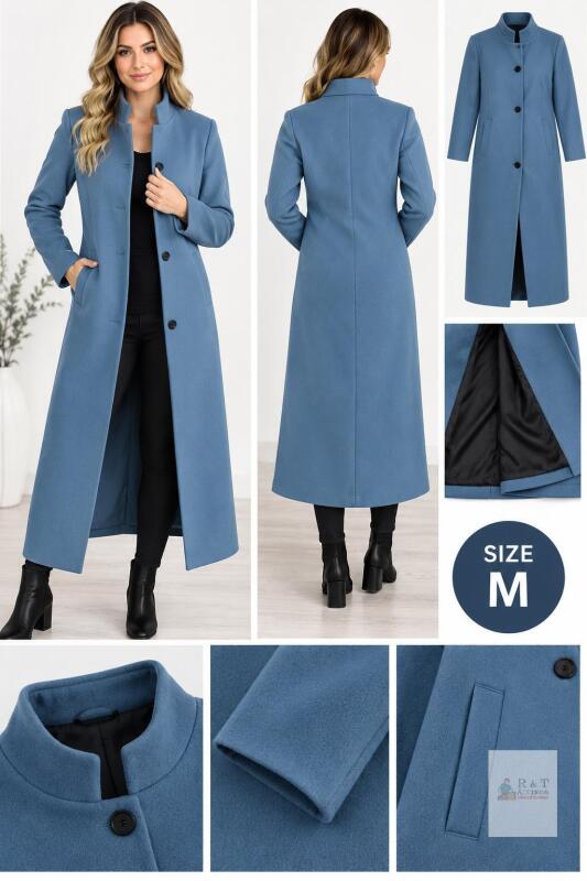 NEW Medium Light Blue Overcoat with Stand Collar and Button Closure