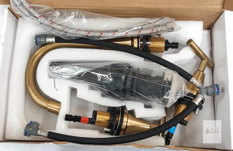 Brushed Gold Widespread Bathroom Faucet, 2-Handle, Deck-Mount Vanity, Model X004KVPJ93
