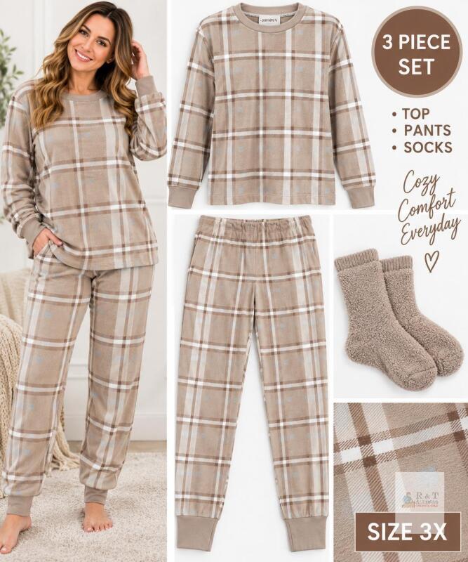 NEW SIZE 3X Joyspun 2-Piece Pajama Set 3X (22W-24W) Women's Brown Plaid Top & Pants with Socks