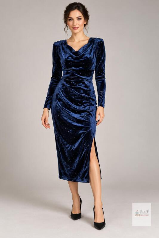 NEW Double Crazy Navy Velvet Sparkle Dress, Size M, Long Sleeves, Draped Neckline & Side Slit