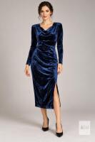 NEW Double Crazy Navy Velvet Sparkle Dress, Size M, Long Sleeves, Draped Neckline & Side Slit