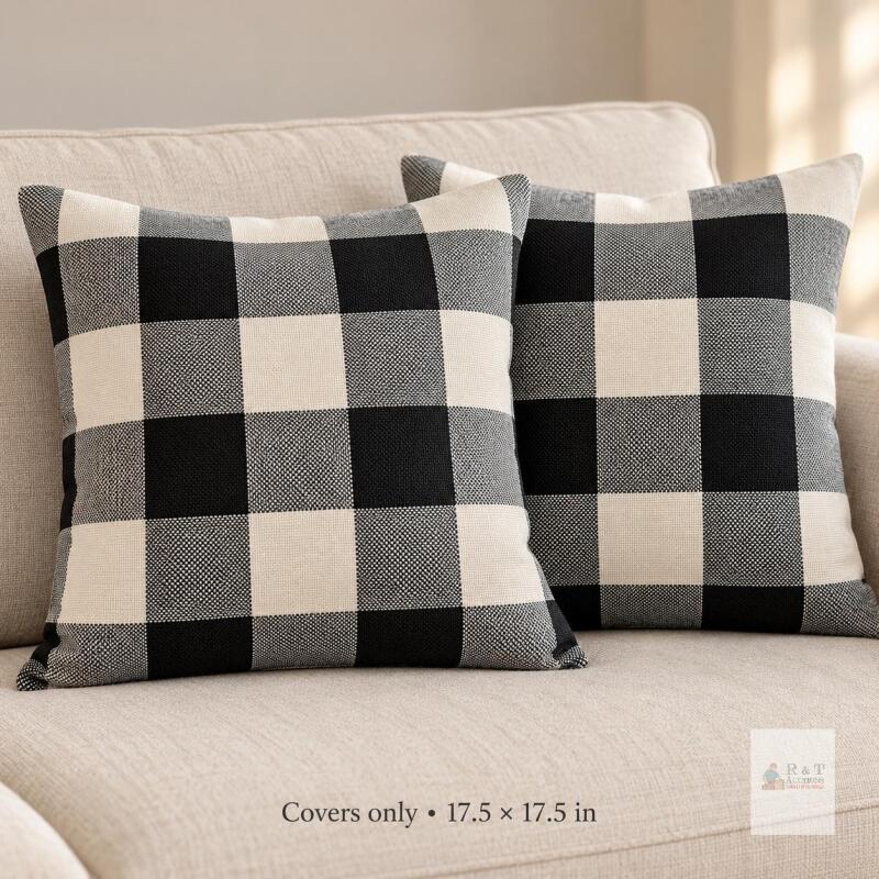 New Pair of Black, Gray & Ivory Buffalo Check Cushion Covers, 17.5 &times; 17.5 Inches, Covers Only