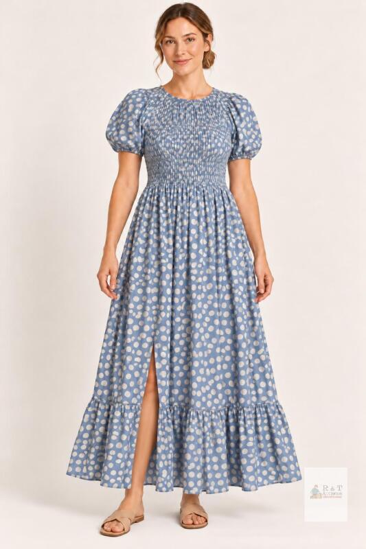 New Size M Blue & Cream Spotted Dress with Smocked Bodice, Puff Sleeves & Ruffled Slit Hem
