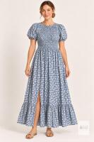 New Size M Blue & Cream Spotted Dress with Smocked Bodice, Puff Sleeves & Ruffled Slit Hem