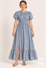 New Size M Blue & Cream Spotted Dress with Smocked Bodice, Puff Sleeves & Ruffled Slit Hem