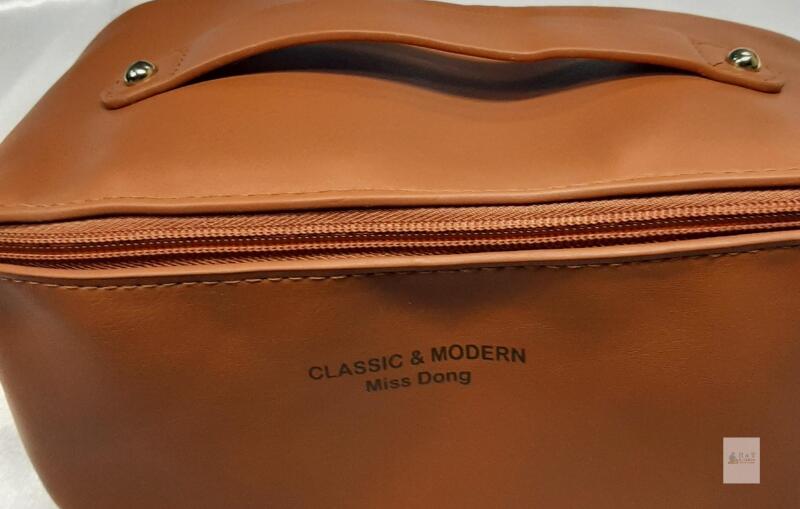 NEW Classic & Modern Miss Dong Brown PU Leather Toiletry Bag with Handle and Divider, Zipper Closure