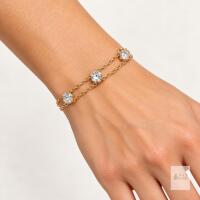 NEW Gold-Tone Double-Chain Bracelet with Three Round Clear Stones, Adjustable Length