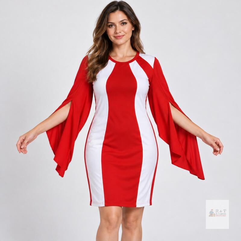 New Women&rsquo;s Red & White Colour Block Dress with Flowing Split Sleeves &ndash; Size L