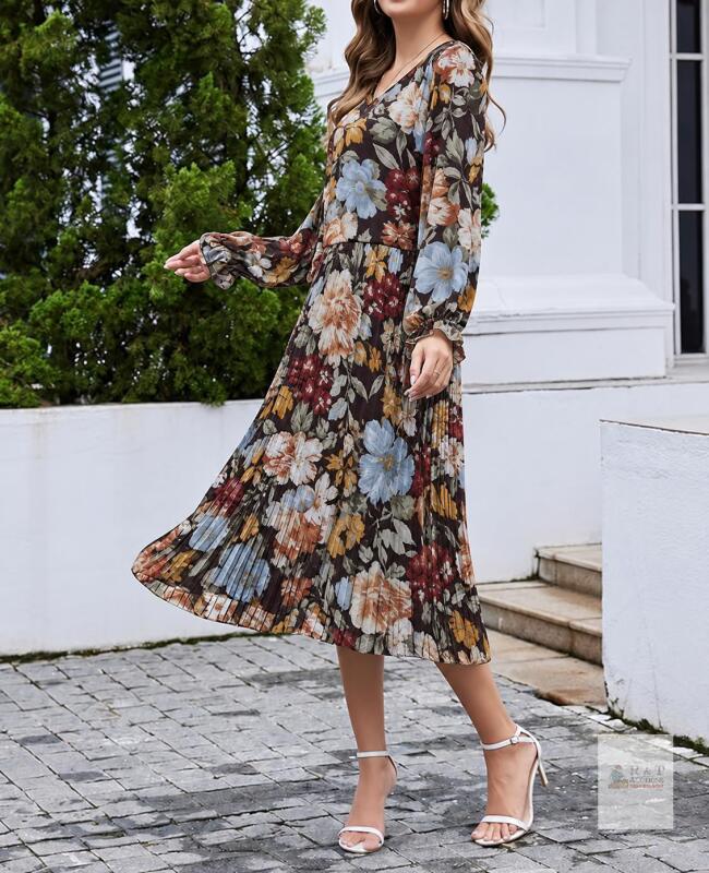 New Size S Women&rsquo;s Floral V-Neck Long-Sleeve Pleated Midi Dress