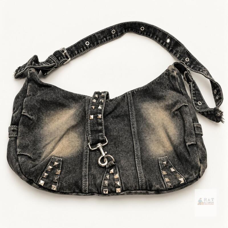 New NEW Charcoal Denim Shoulder Bag with Studded Details & Buckle Accents