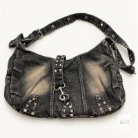 New NEW Charcoal Denim Shoulder Bag with Studded Details & Buckle Accents