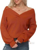 New Size SM Feiersi Women's V-Neck Long Sleeve Pullover Long Sleeve Off Shoulder Sweater Knit