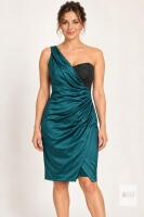 NEW Teal One-Shoulder Cocktail Dress with Glitter Bust and Draped Satin, Size Medium (Estimated)