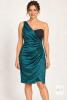 NEW Teal One-Shoulder Cocktail Dress with Glitter Bust and Draped Satin, Size Medium (Estimated)
