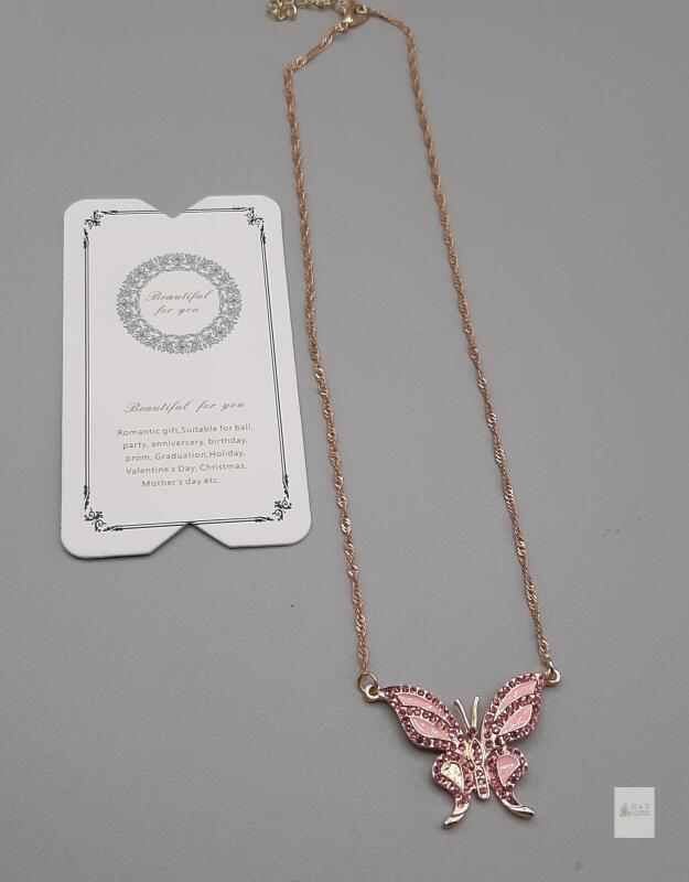 NEW Gold-Plated Pink Butterfly Pendant Necklace with Crystals, Adjustable 16&ndash;18" Chain