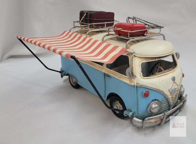 Miniature VW T1 Camper Van Model with Striped Awning and Rooftop Luggage, Metal Construction