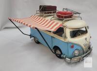 Miniature VW T1 Camper Van Model with Striped Awning and Rooftop Luggage, Metal Construction