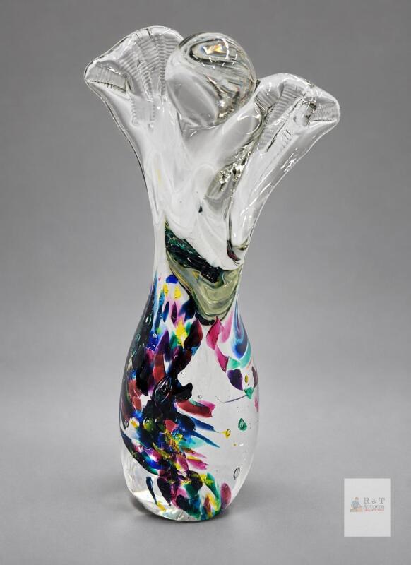 SIGNED Hand-Blown Art Glass Vase, 5 in, Multi-Color Inclusions, Signed Studio Piece