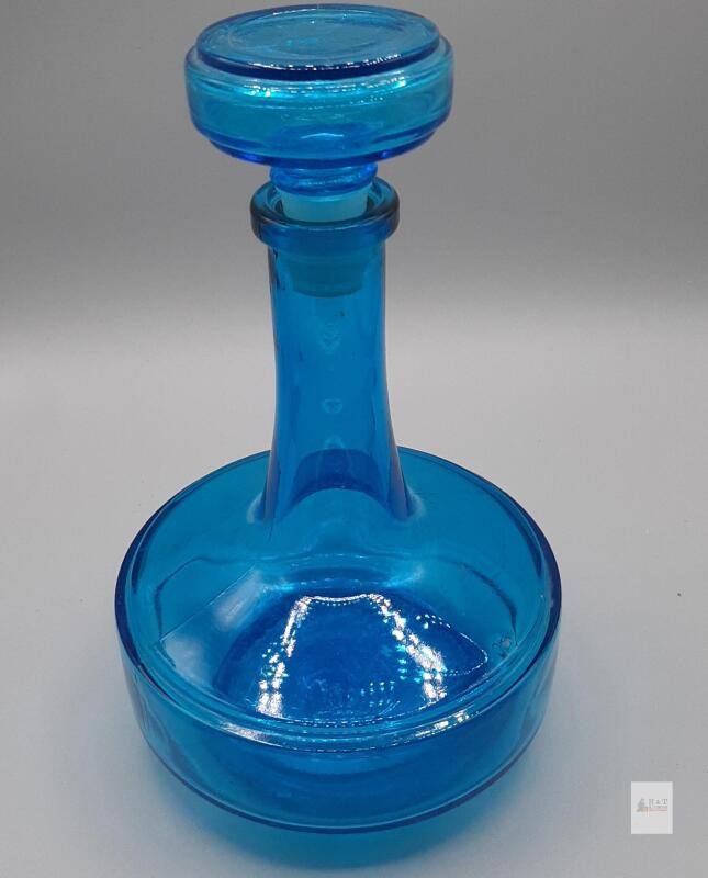 Vintage Belgian Blue Glass Decanter with Stopper, 8" Tall, Marked "Bottle 094 M A 8"