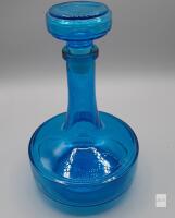 Vintage Belgian Blue Glass Decanter with Stopper, 8" Tall, Marked "Bottle 094 M A 8"