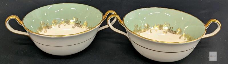 Aynsley England Sherwood Bone China Handled Soup Bowls 2pc Set, Gold Trim, Pattern 8163 N.G. No chips or cracks. Both ring true.