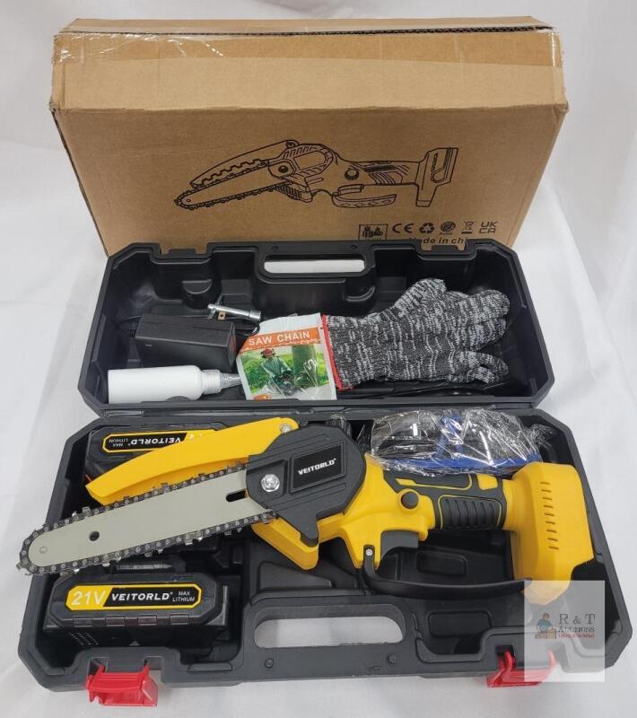 NEW VEITORLD 21V Cordless Mini Chainsaw Kit, 6" Bar, 2 Batteries, Accessories, Hard Case