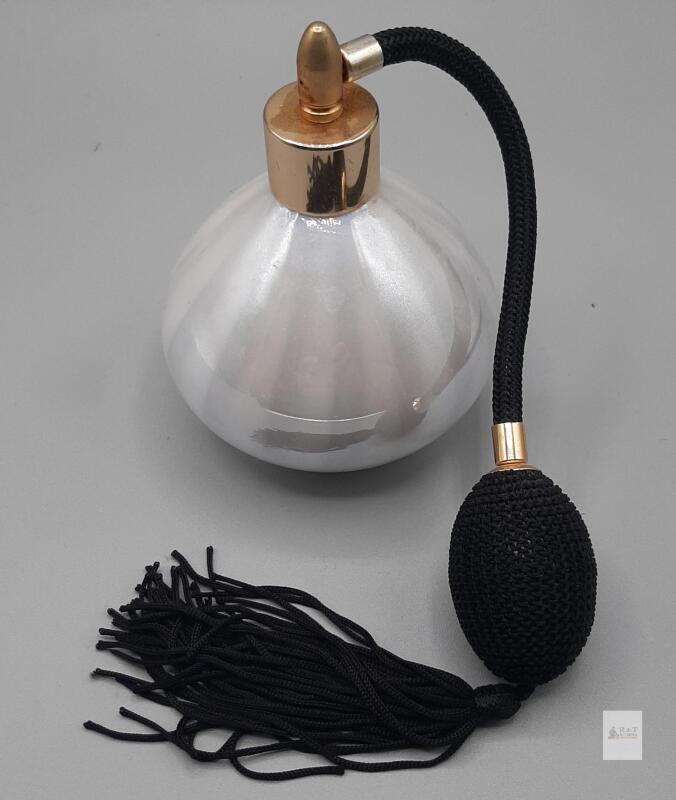 Pearl White Glass Perfume Atomizer Bottle, Gold Cap, Black Fabric Bulb, 4.5 in, 3&ndash;4 fl oz