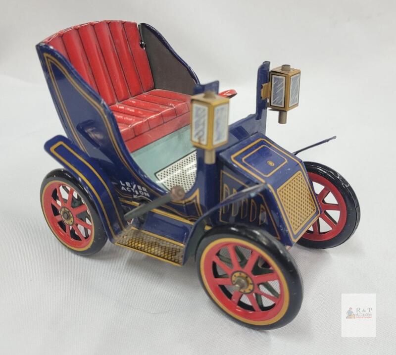 Modern Toys Japan 6" Tinplate Lever Action Wind-up Car Blue/Red Antique Style c. 1960s