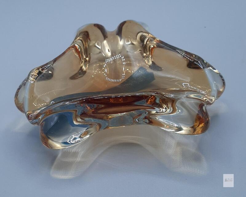 Amber Czech Art Glass Ashtray 7" Mid-Century Modern Centerpiece