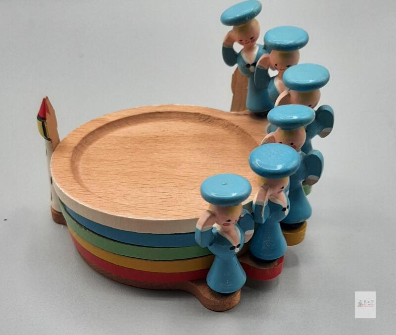 Erzgebirge 1950's Hand-Painted Wooden Coaster Set, 6 Pieces, Vintage Folk Art,