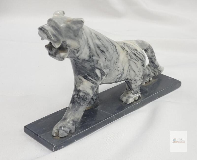 Polished Marble Tiger Statue 8.25" Gray White Black Veined Stone Sculpture Decorative Figurine